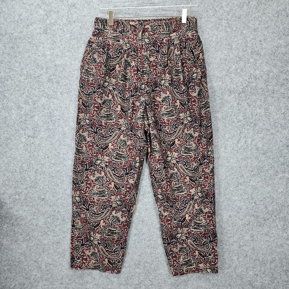 Vintage TALBOTS Pleated Pants Womens 12 Red L Paisley Rib Velvet Tapered 30x25
